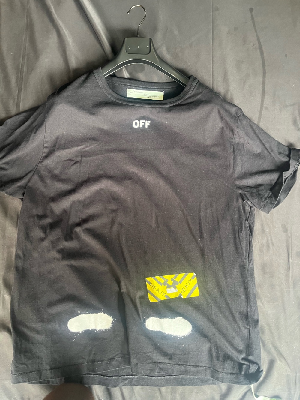Off-White Black Graphic Short Sleeve Tee with Yellow Patch
